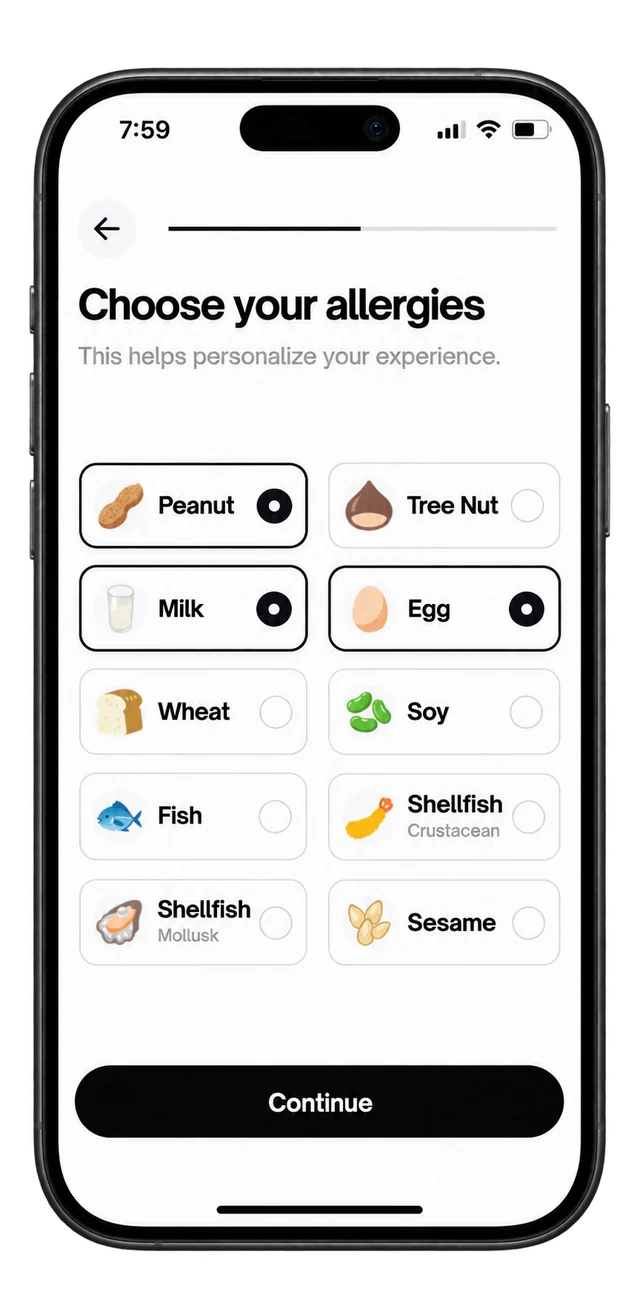 Safebite screen for choosing your allergies
