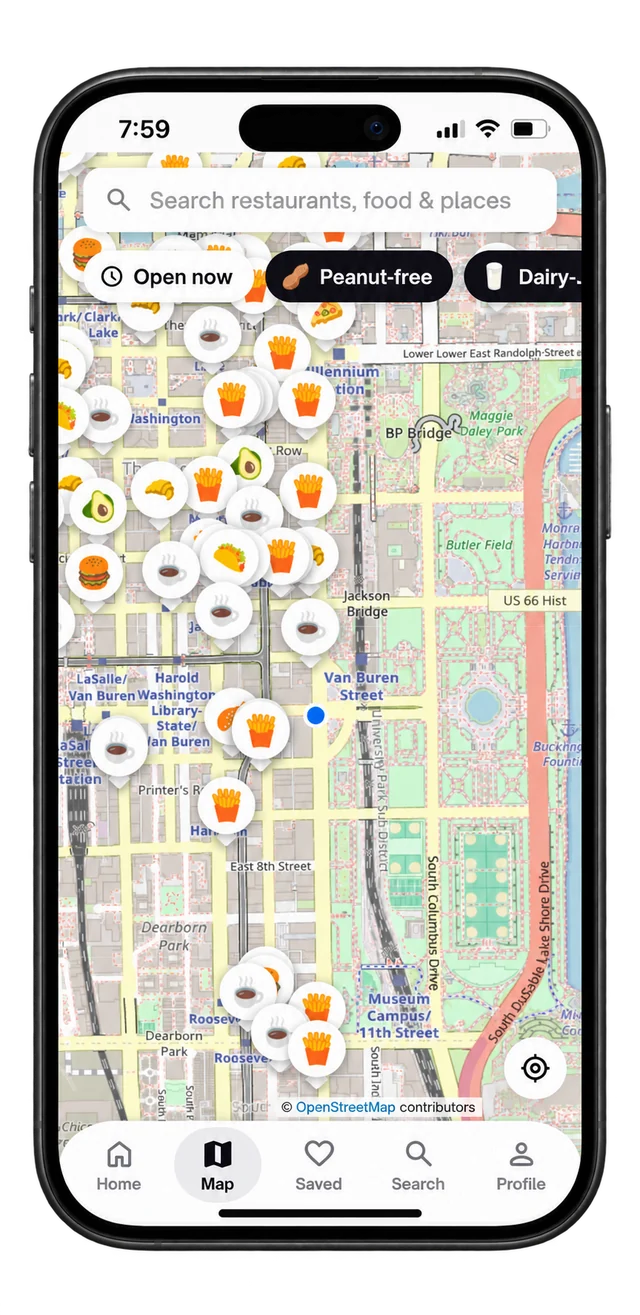 Safebite map of nearby allergy-friendly restaurants