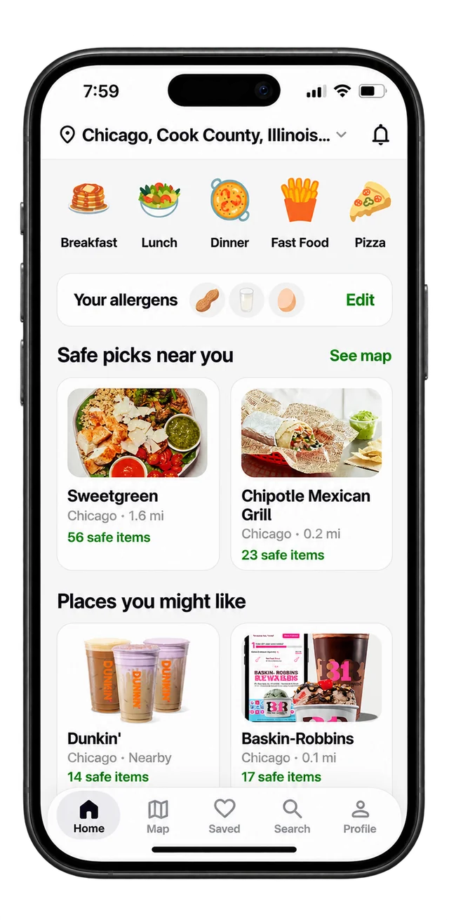 Safebite home screen showing safe menu items at nearby restaurants